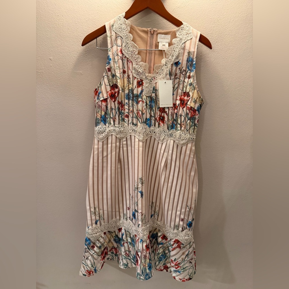 Foxiedox Floral Stripe Crochet Lace Trim Sleeveless Mini Dress Tan Blue Red M